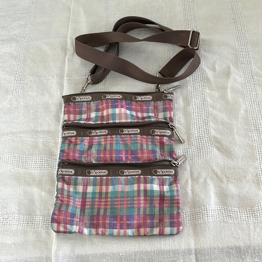 LeSportsac Classic Triple Zip Crossbody Bag in Pink Plaid